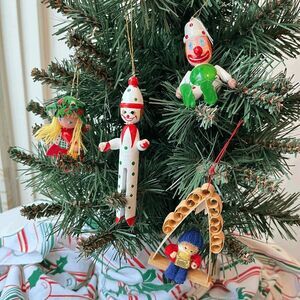Vintage Wooden & Felt Christmas Ornaments Set of 4 Clowns, Girl, Swing Boy